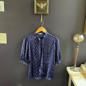 Vintage Navy Blouse with Gold Polka Dots